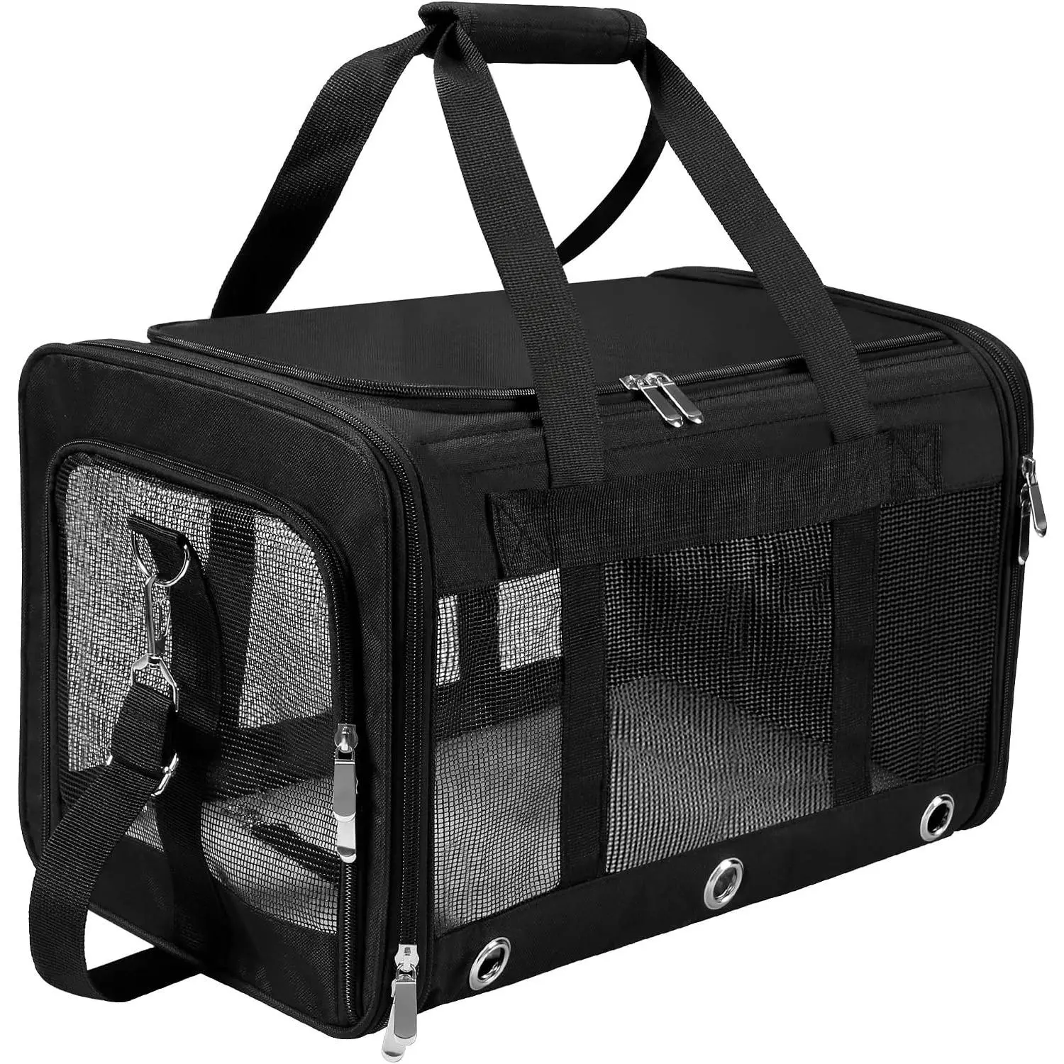TSA Airline Approved Soft-Sided Collapsible Cat/Dog Travel Carrier - Mesh Top-Load Pet Bag with Shoulder Straps, Removable Mat for Small Pets Up to 17 Lbs (Black, M)