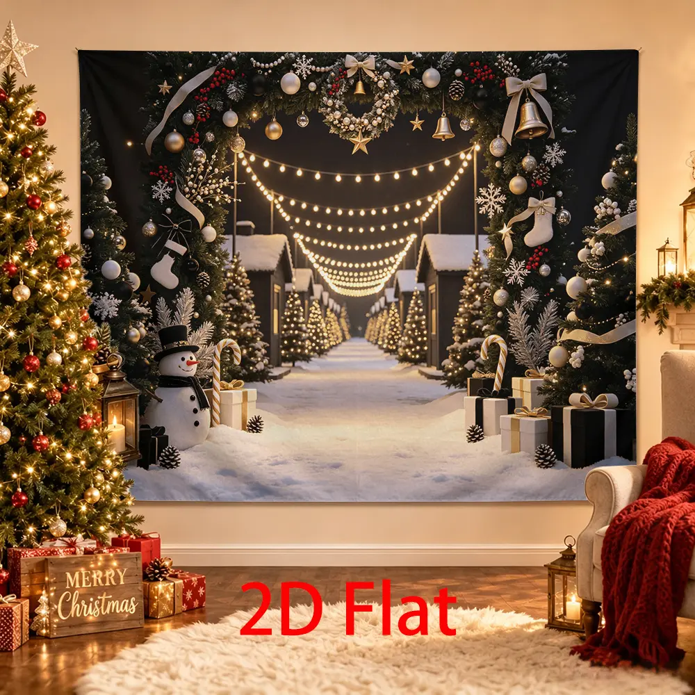 Black Gold Christmas Backdrop, Elegant Snowy Village Photography Background with Snowman, String Lights, Ornaments, Candy Canes and Gifts