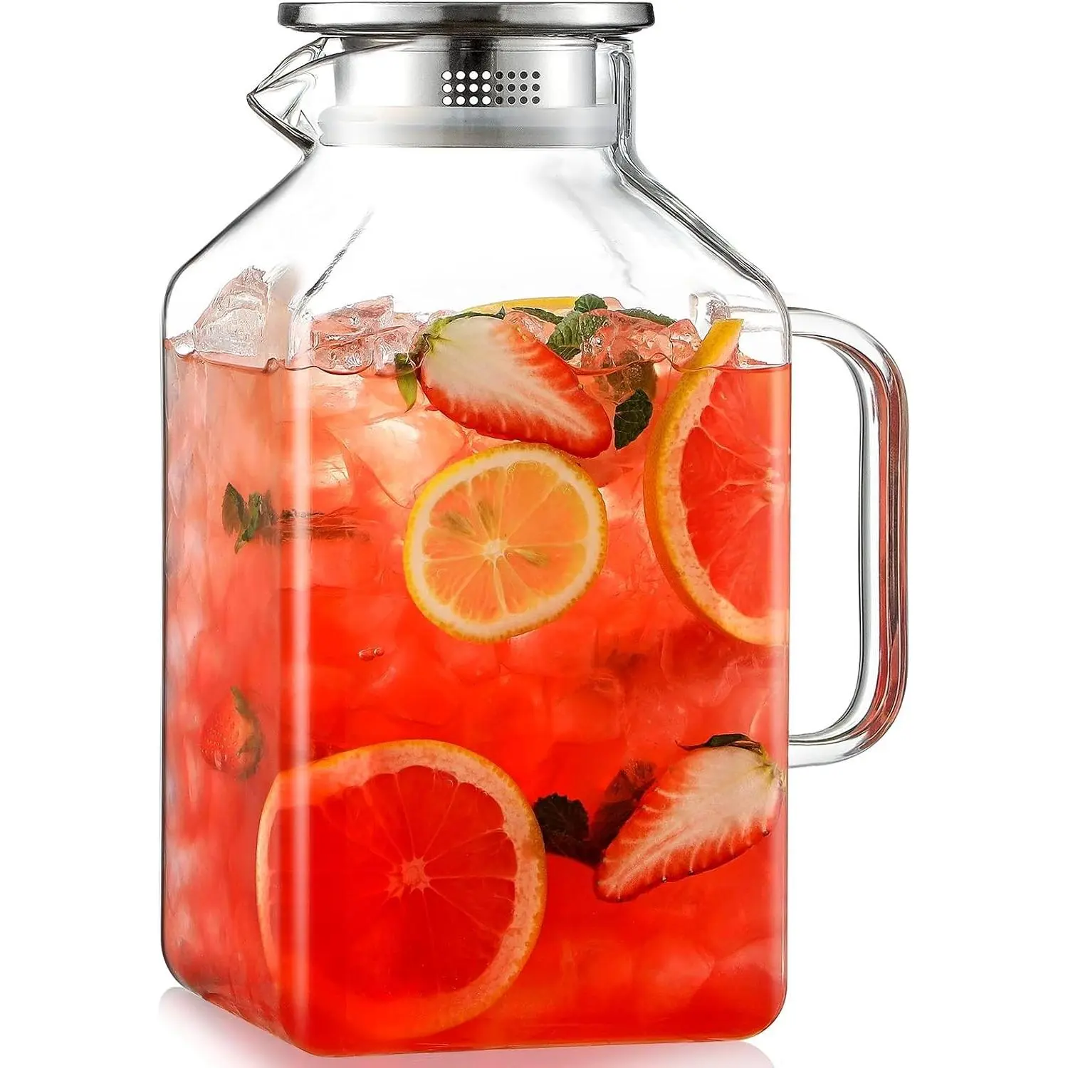 1 Gallon Square Borosilicate Glass Pitcher with Lid, Spout & Handle, Heat Resistant Large Carafe for Hot/Cold Drinks, Fridge Safe Water Jug for Iced Tea, Coffee, Juice & Beverages