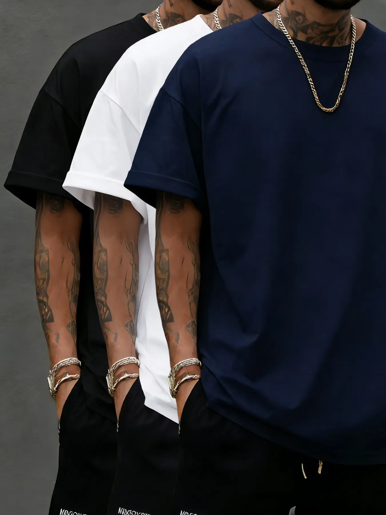 Men's Heavyweight 100% Polyester Fabric Streetwear Classic T-Shirt, Soft Breathable Round Neck Top, Loose Fit, Casual and Formal, Essential Three-Piece Set