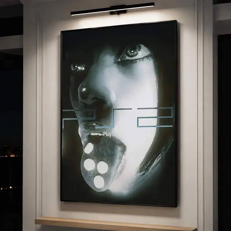 PlayStation 2 Horror Canvas Wall Art Poster, Dark Retro Console-Inspired Print for Bedroom, Living Room, Office, and Man Cave, Gift for Gamers, Glitch Art, Creepy Eye Close-Up, Y2K Decor, Gaming Room Decor, Dorm Room Poster