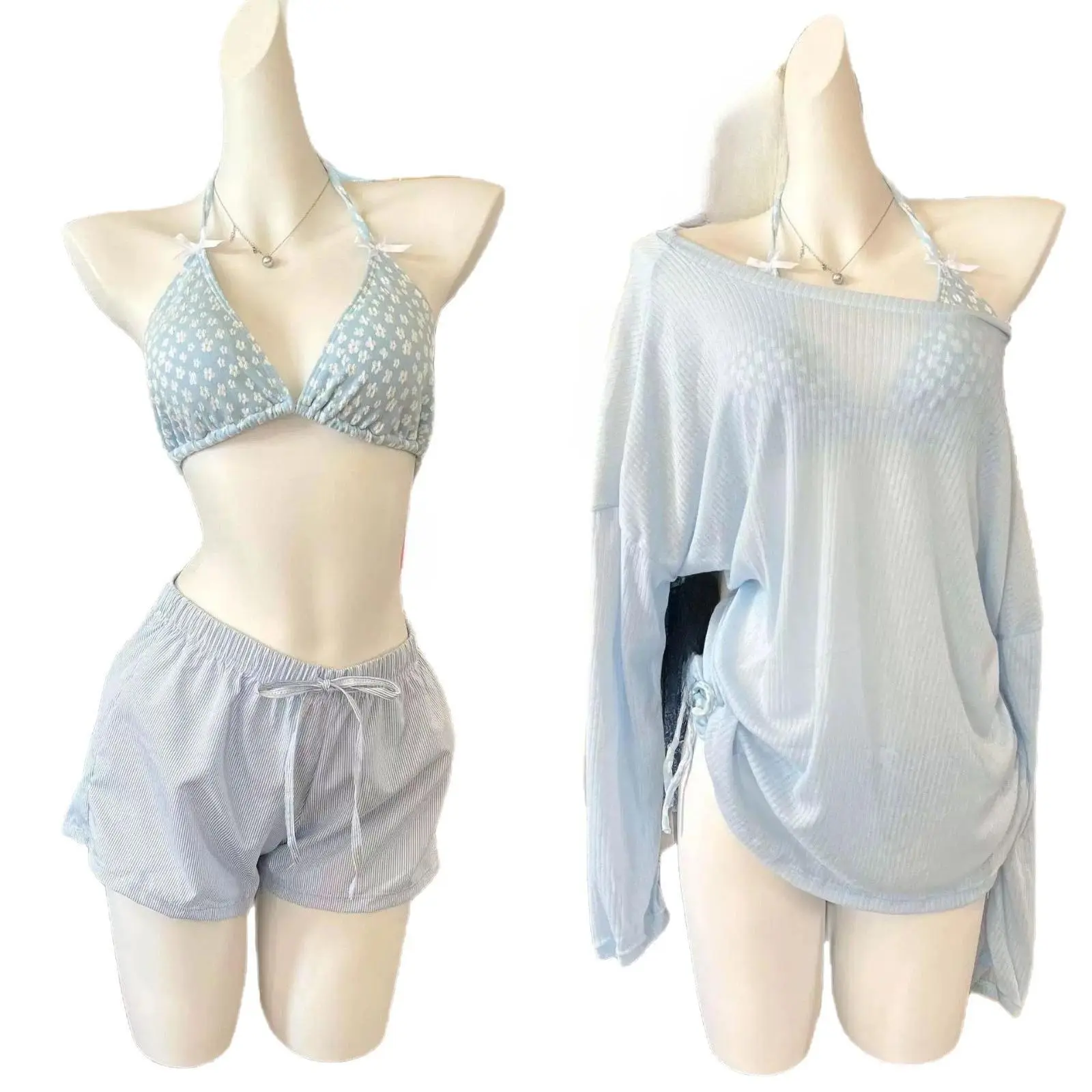 Loose Sun Protection Conservative Four Piece Swimwear Bikini Set with Cover Up for Women