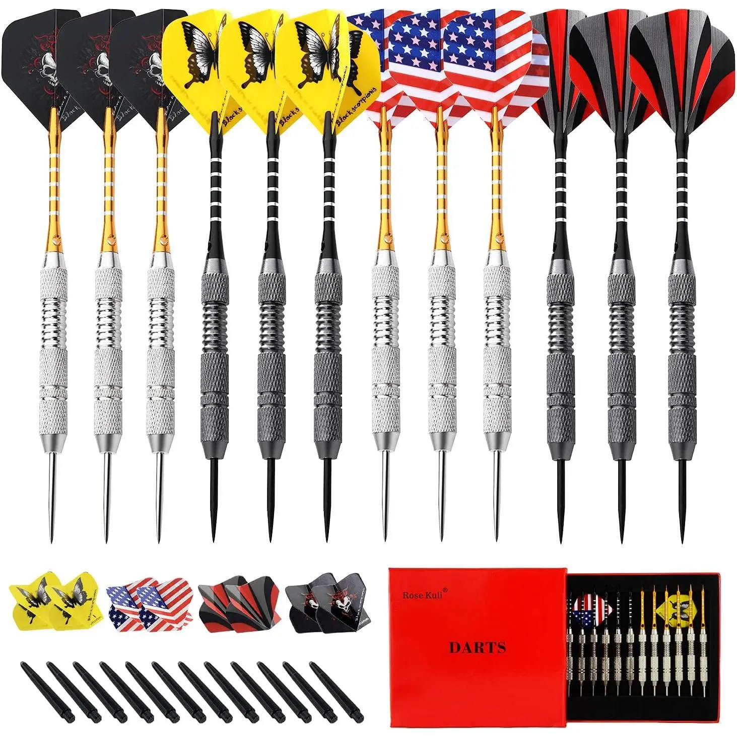 Steel Tip Darts Set, 12 count 24 Grams Professional Metal Dart Set with 20 Flights(4 Style) + 12 Aluminium Shaft