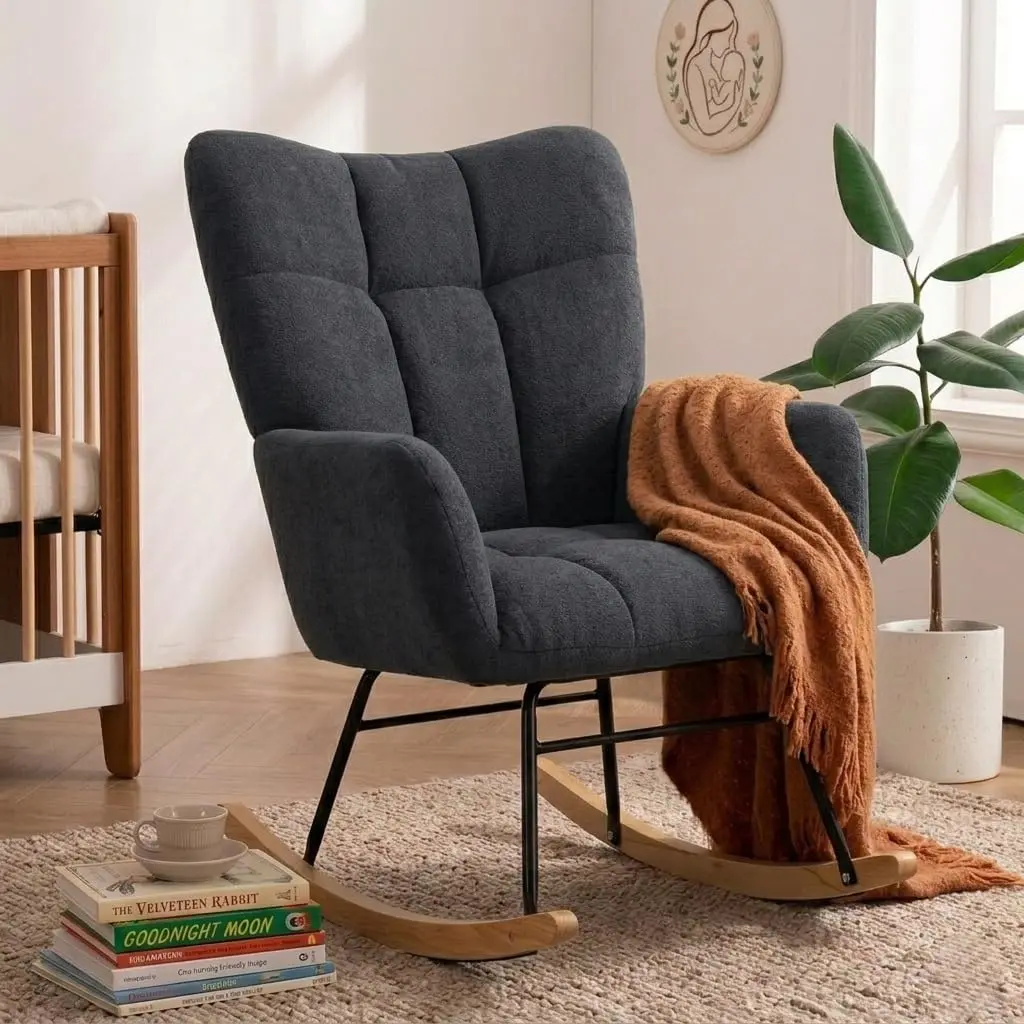 Nursery Rocking Chair, Rocking Chairs for Nursery, Grey | Cozy Glider Rocker, Anti-Tip Safety Design, 440 Lb Weight Capacity, Cotton Fabric Cover, Padded Seat, for Living Room Bedroom