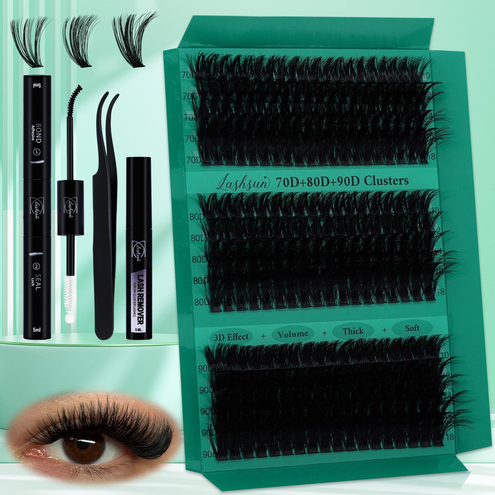 Mixed Length False Eyelashes Kit, Eyelash Extension, 1 Set Mixed Length 3D Effect Volume Cluster Lashes, Long-lasting Lashes Kit with Lash Bond & Seal & Tweezers, Makeup