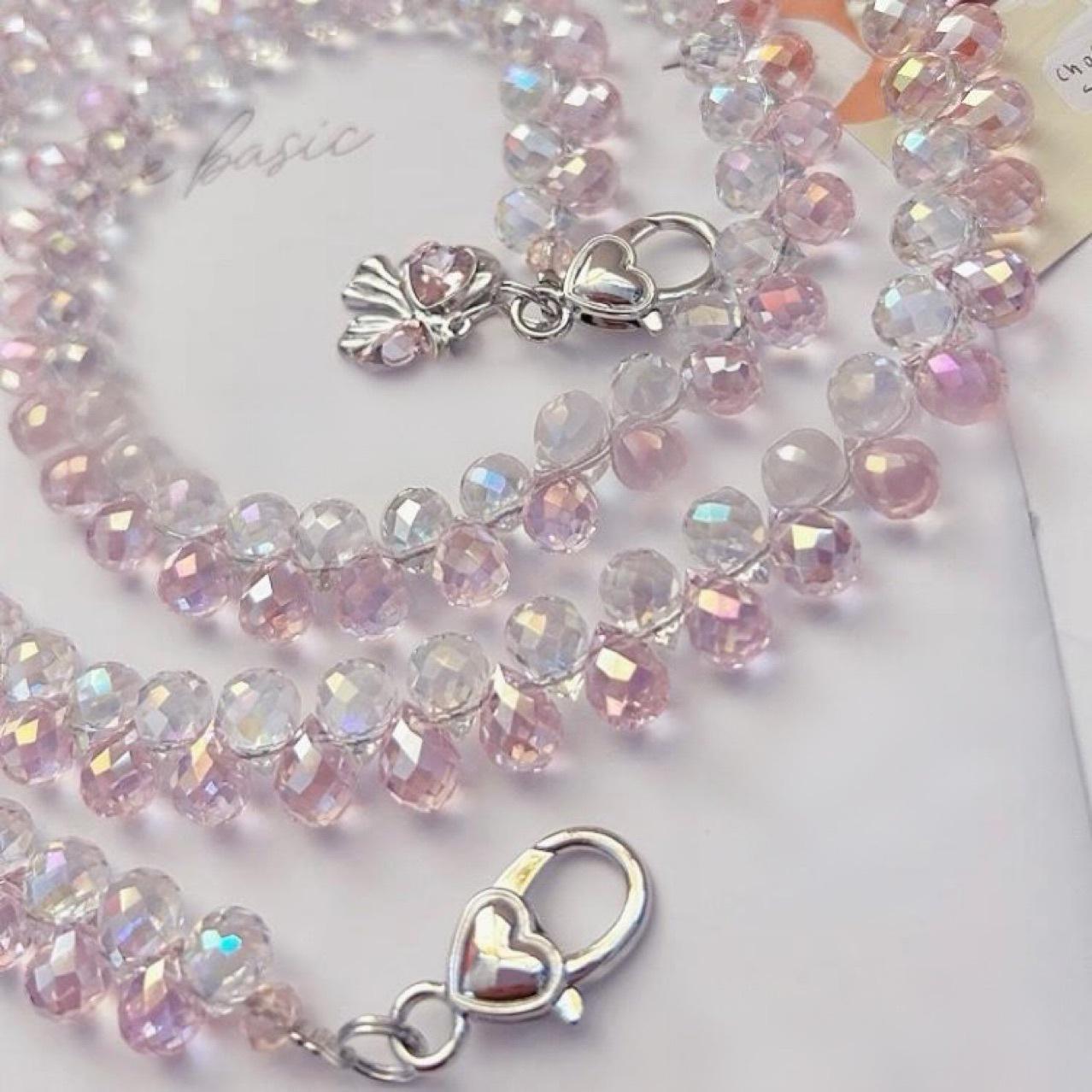 Original design mobile phone lanyard, long chain, handmade, strawberry pink and white crystal lanyard, crossbody shoulder strap, neck strap, bag chain