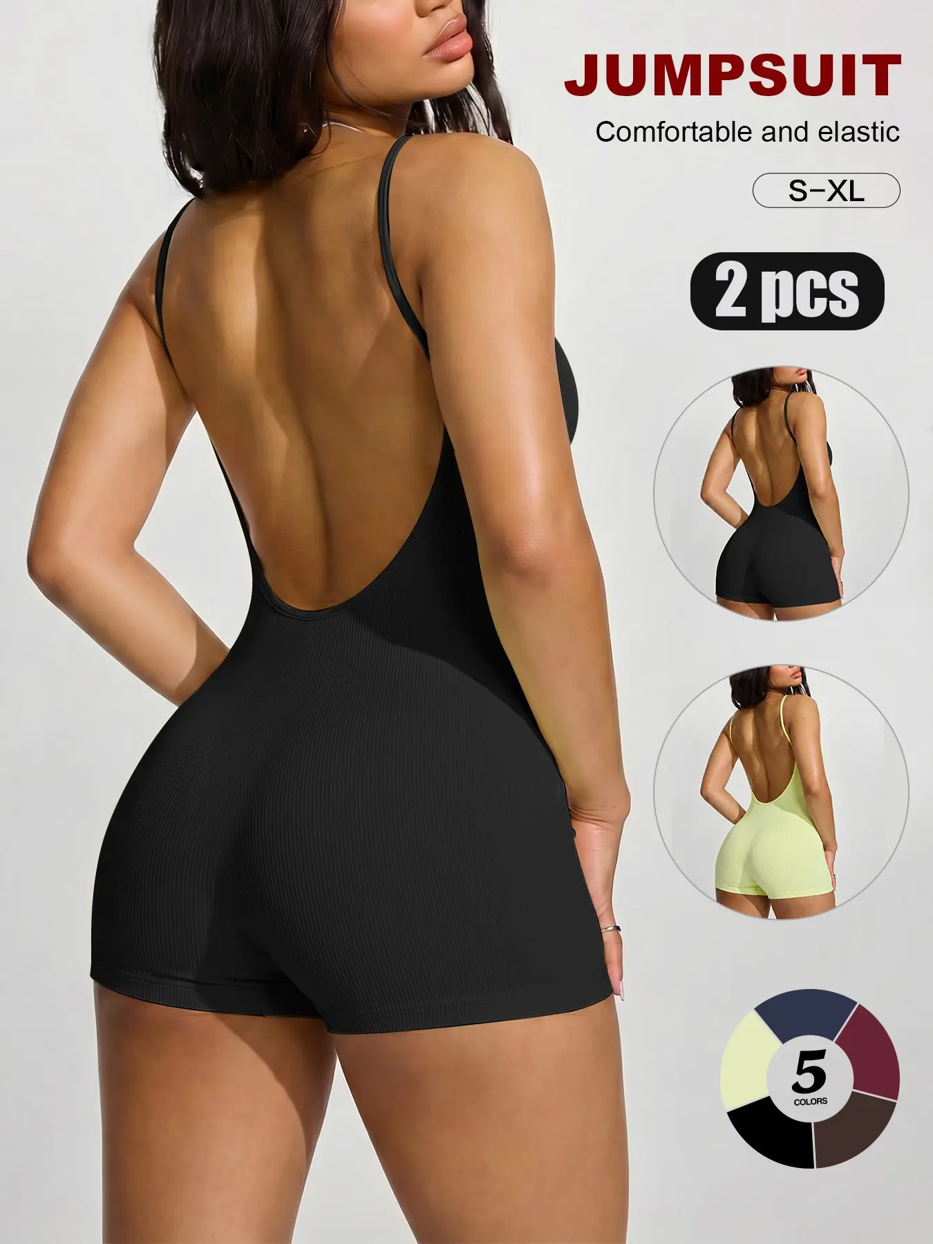 2026 Spring Summer Premium Women's U Open Back Ribbed Cami Short Romper, Spaghetti Strap High Waist Bodycon Stretchy Jumpsuit, Sweat-Wicking Stretch Lounge Onesie for Fitness Travel and Casual Daily Wear
