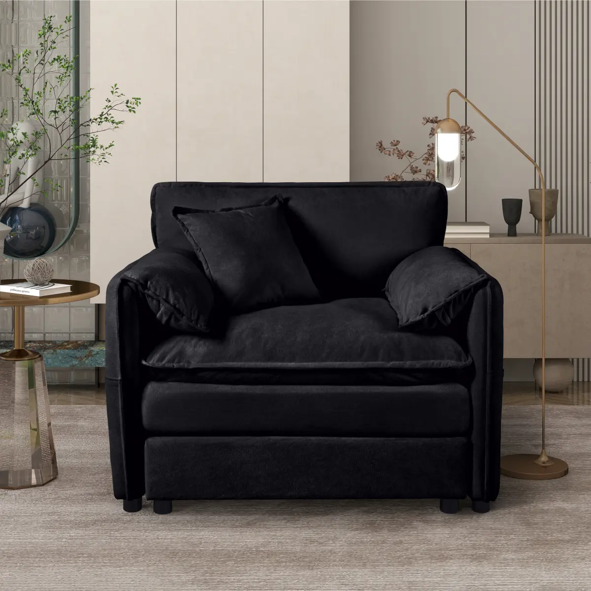 Black Minimal Chic Oversized Deep Seat Chenille Modular Single Armchair - Wood Frame, Dual-Layer High Resilience Foam, 1 Throw Pillow, Wrinkle-Resistant, DIY Combination, Easy Assembly for Living/Bedroom, 41.73"L×33.86"W×33.4" Indoor Accent Lounge Sofa