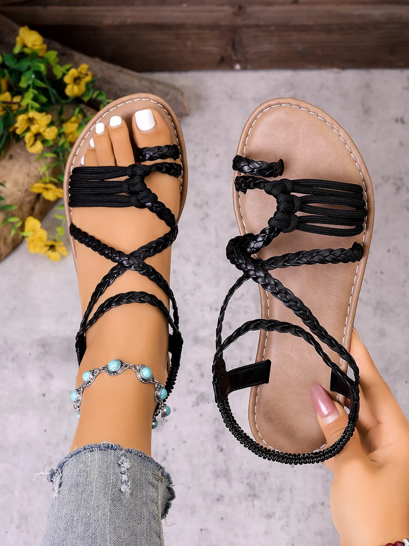 Boho Braided Sandals, Handmade Cross-Strap Ankle Wrap, Soft Flat Sole, Perfect for Beach & Daily Wear, Comfortable & Stylish