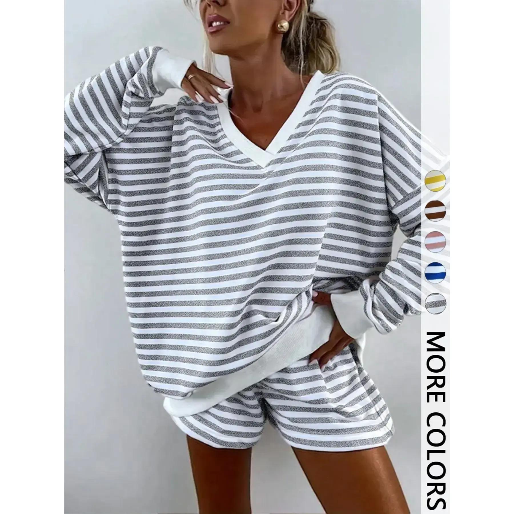 Women's Striped Print Long Sleeve Tee & High Waist Shorts Two-piece Set, Casual Round Neck Top & Shorts for Spring & Fall, Women's Clothes for Daily Wear