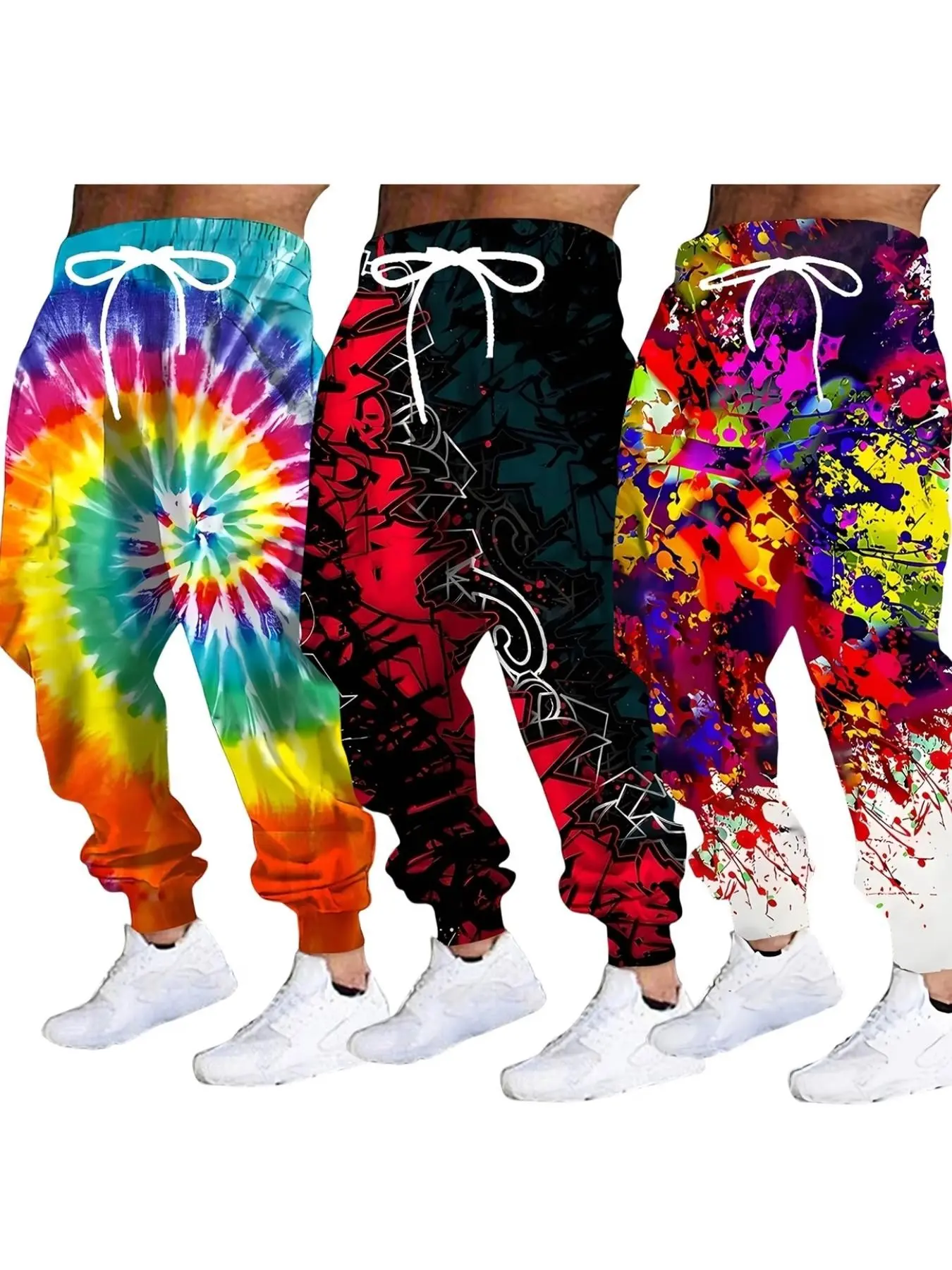 3-Pack Men's Trendy 3D Print Sweatpants, Rainbow Tie-Dye Graffiti Multi-Color Splatter Patterns, Streetwear Hip-Hop Casual Long Pants