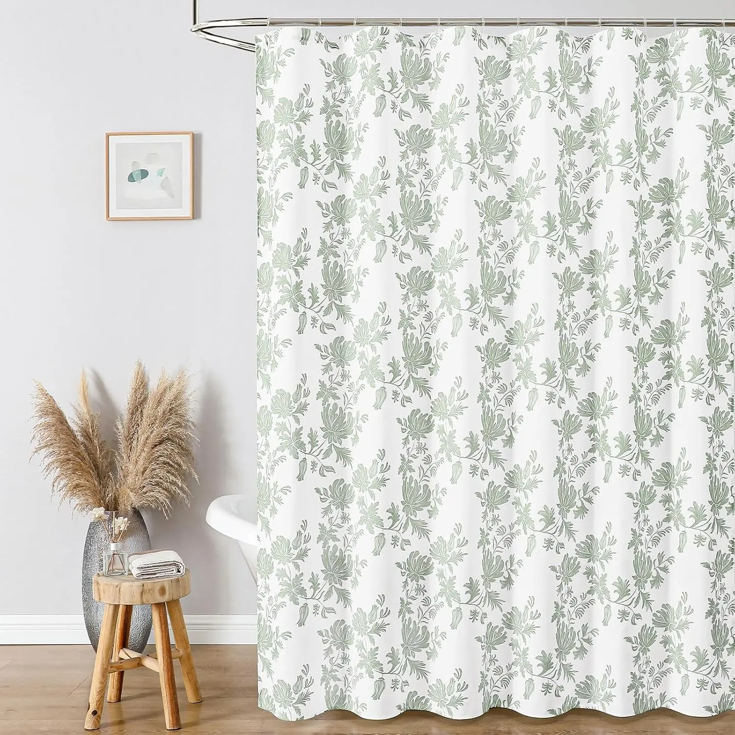 Cotton Shower Curtain for Bathroom, Sage Green Floral Shower Curtain 72x 72 in, Farmhouse Cottage Vintage Country Bathroom Decor