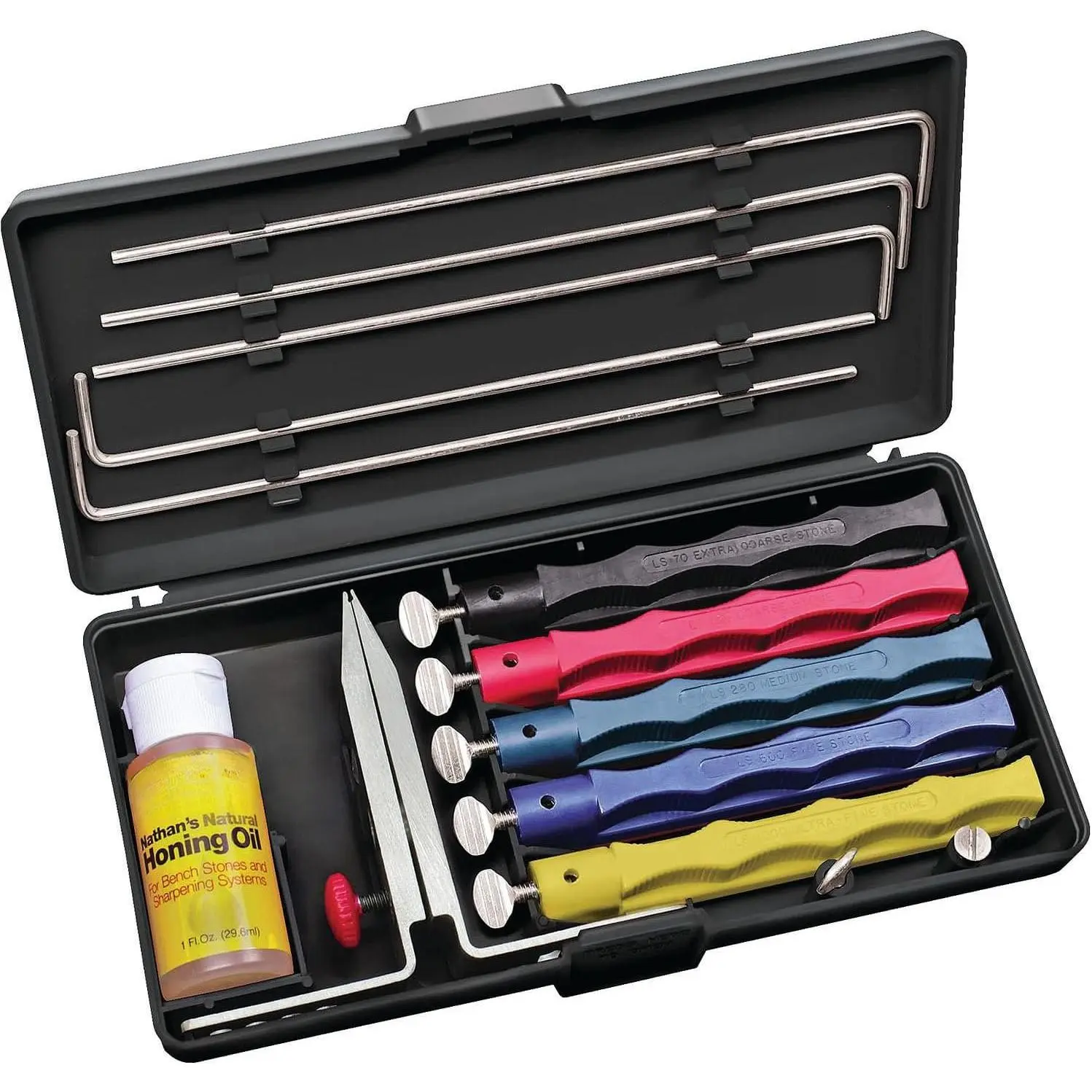 Deluxe  Sharpening System: 5-Stone Ceramic  Sharpener Kit with Honing Oil - LKCLX | 5 Hones, Multi-Angle Clamp, Guide Rods, Honing Oil, Color-Coded, Finger-Grooved Holders, Case