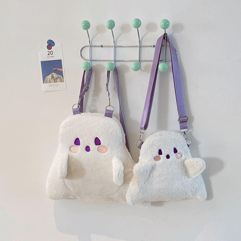 Y2k Cute Ghost Plush Backpack Kawaii Fluffy Crossbody Bag Cartoon Women Messenger Fashion Shoulder Bag Girl Casual Purse Handbag