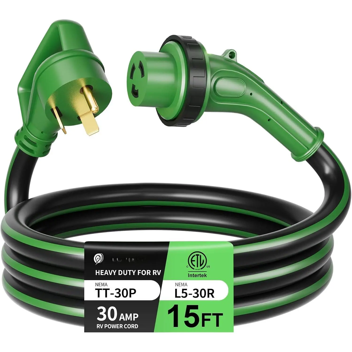 30 Amp 15  RV Power Cord, Heavy Duty 10 Gauge STW Cord with LED Power  Twist Connector, NEMA TT-30P to L5-30R with Cord Organizer for RV  Campers, Black&Green, ETL Listed