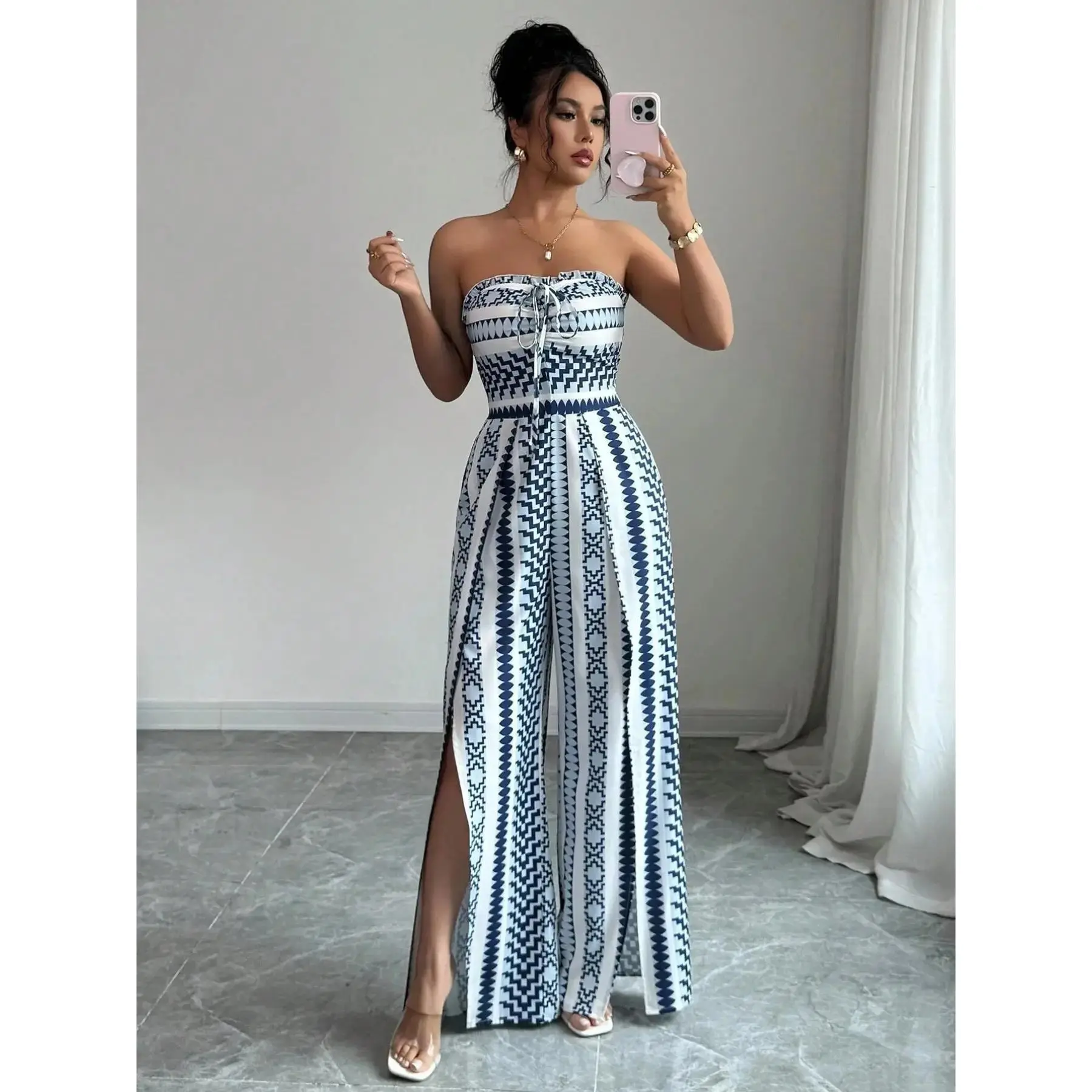 Breathable Flowy Wide Leg Printed Jumpsuit, Sleeveless Boho Style, High Waist, Leaf Print, Split Thigh, Perfect for Beach, Work, Date Night