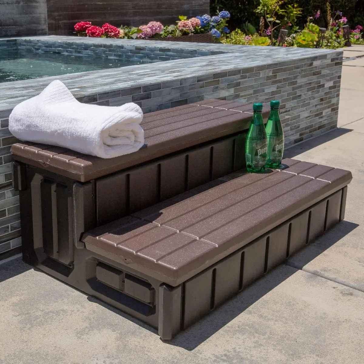 2 Slip-Resistant  & Hot Tub Step Outdoor Indoor Stool Pool Ladder Compartment  Step 36" Inches Long with Storage, Brown/Black