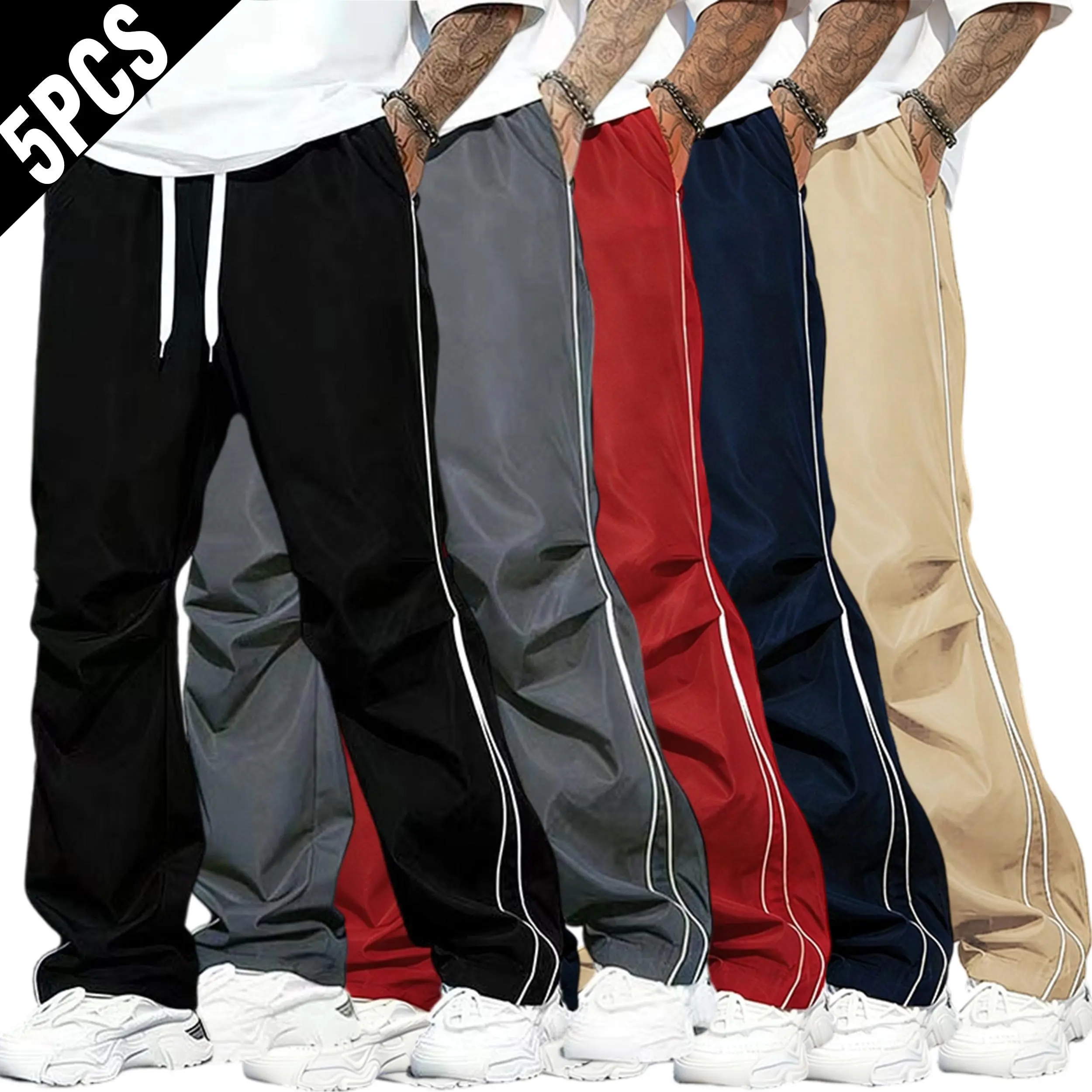 Male Double-Side White Vertical Stripe Drawstring Track Pants - Elastic Waist, Loose-Fit, Below Ankle, Lightweight Streetwear Casual Athletic Sweatpants bottom clothes com frt clothing Workout men outdoor training pant