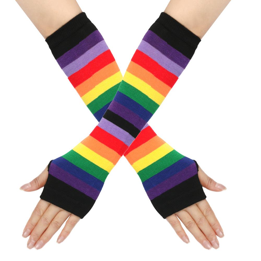 Rainbow Knitted Gloves Colorful Striped Long Sleeves Soft Stretchy Warm Handwear LGBTQ+ Pride Month Essential Vibrant Striped Knit Mitts for European & American Pride Parade Music Festival Holiday Party Cosplay Daily Casual Wear Lightweight Durable Fashio