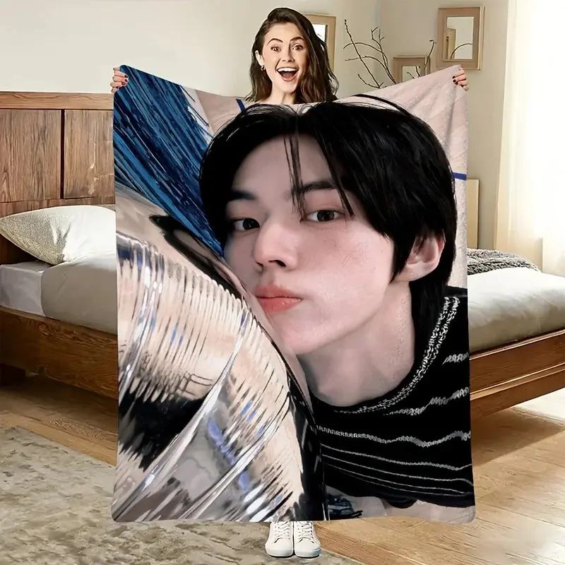 Large Kpop Idol Photo Print Blanket Throw 150x200cm Oversized Bed Cover Luxury Decor for Boys Girls Bedroom
