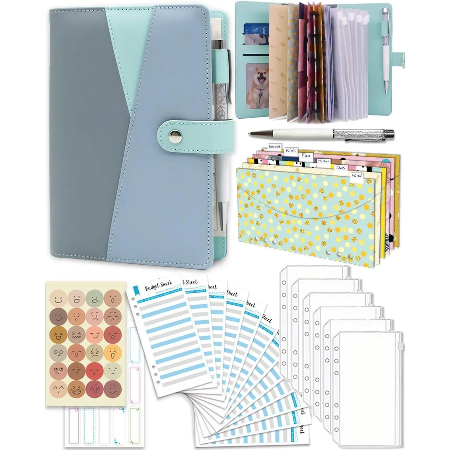 Budget Binder with Zipper Envelopes, Cash Envelopes for Budgeting Money Saving Binder with Budget Sheets, Zipper PVC Pockets, Cash Envelopes, Stickers & Pen, Money Binder Organizer for Cash