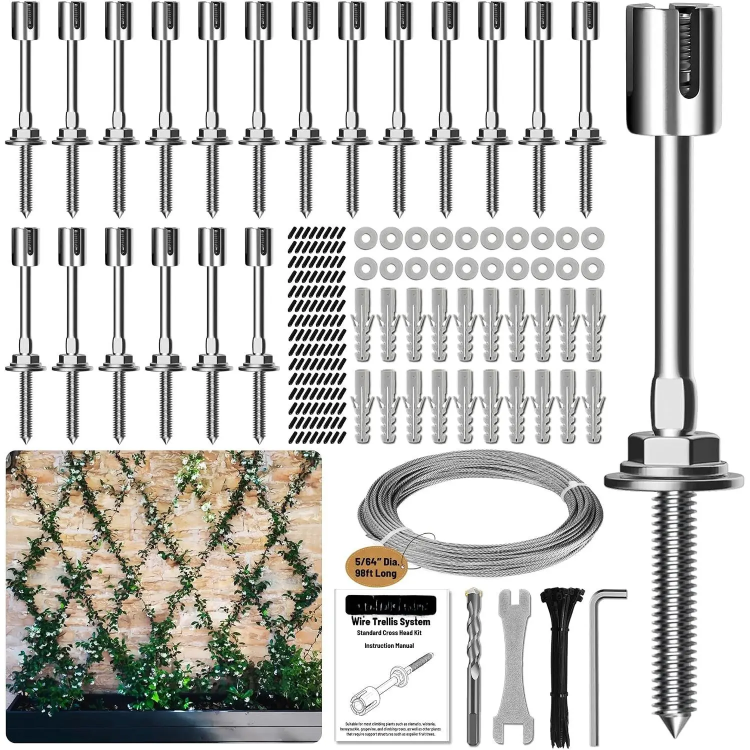 Wire Trellis for Climbing  Outdoor, 20-Set Wall Wire Trellis Kit with 5/64"(2mm) x 98ft Stainless Steel , T316 Espalier System for Fence and Garden DIY Projects