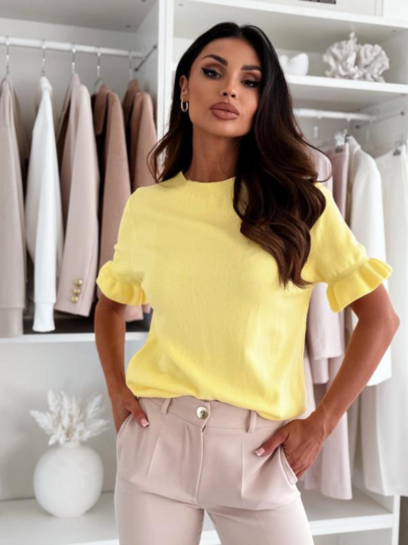 Women's Plain Crew Neck Sweater, Basic Casual Short Sleeve Top for Summer, Women's Top for Daily Wear, Womenswear