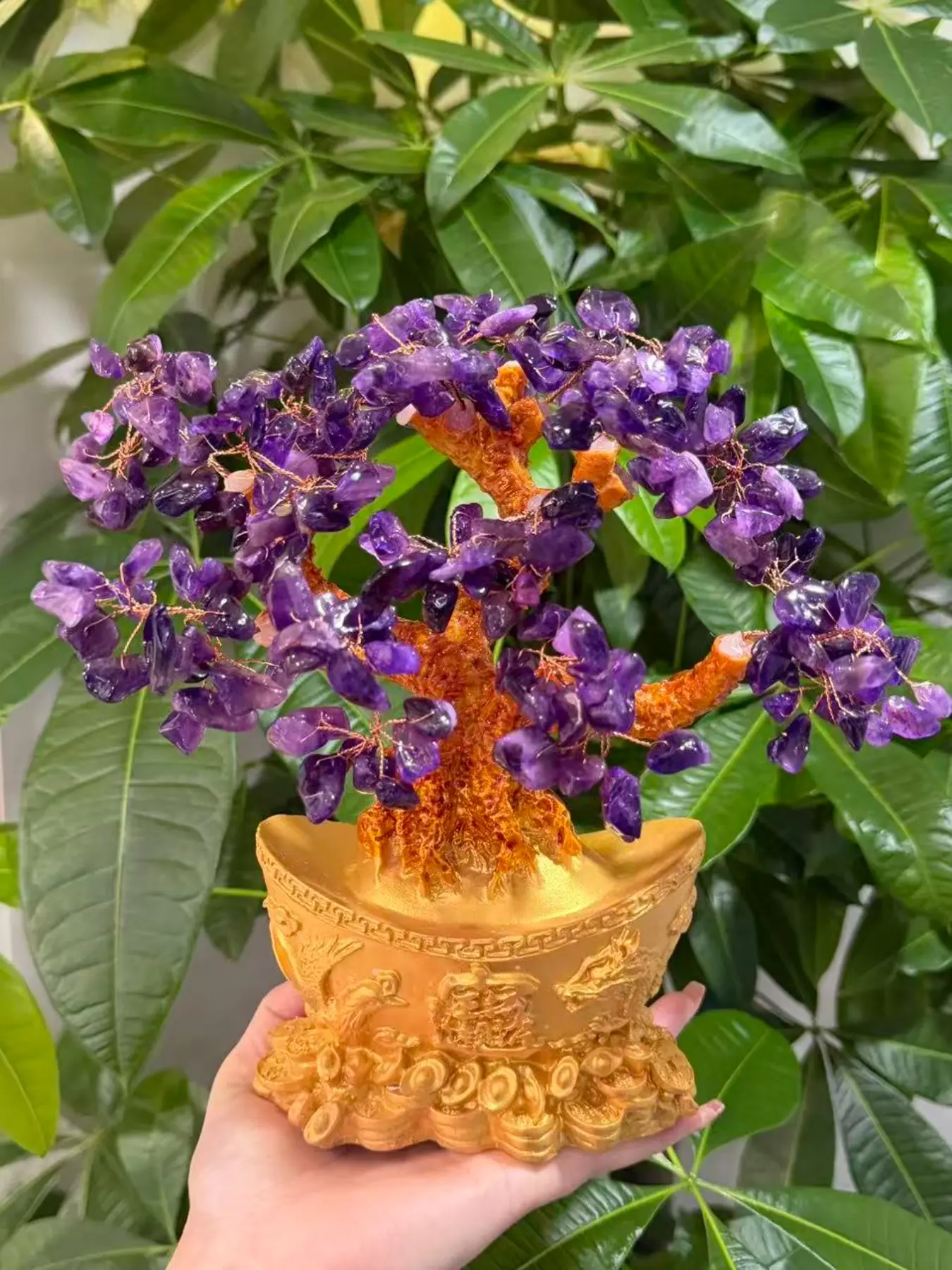 Natural Amethyst Crystal Tree Decor with Ingot Base, 24cm Feng Shui Inspired Home Ornament, Elegant Interior Decoration