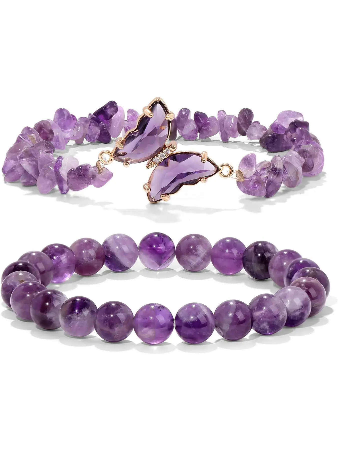 Sets of 2 Purple/Black Butterfly Bracelet For Women, Natural Stone Beaded Bracelets Butterfly Charms Purple/Black Beaded Layered Bracelet Gifts For Women
