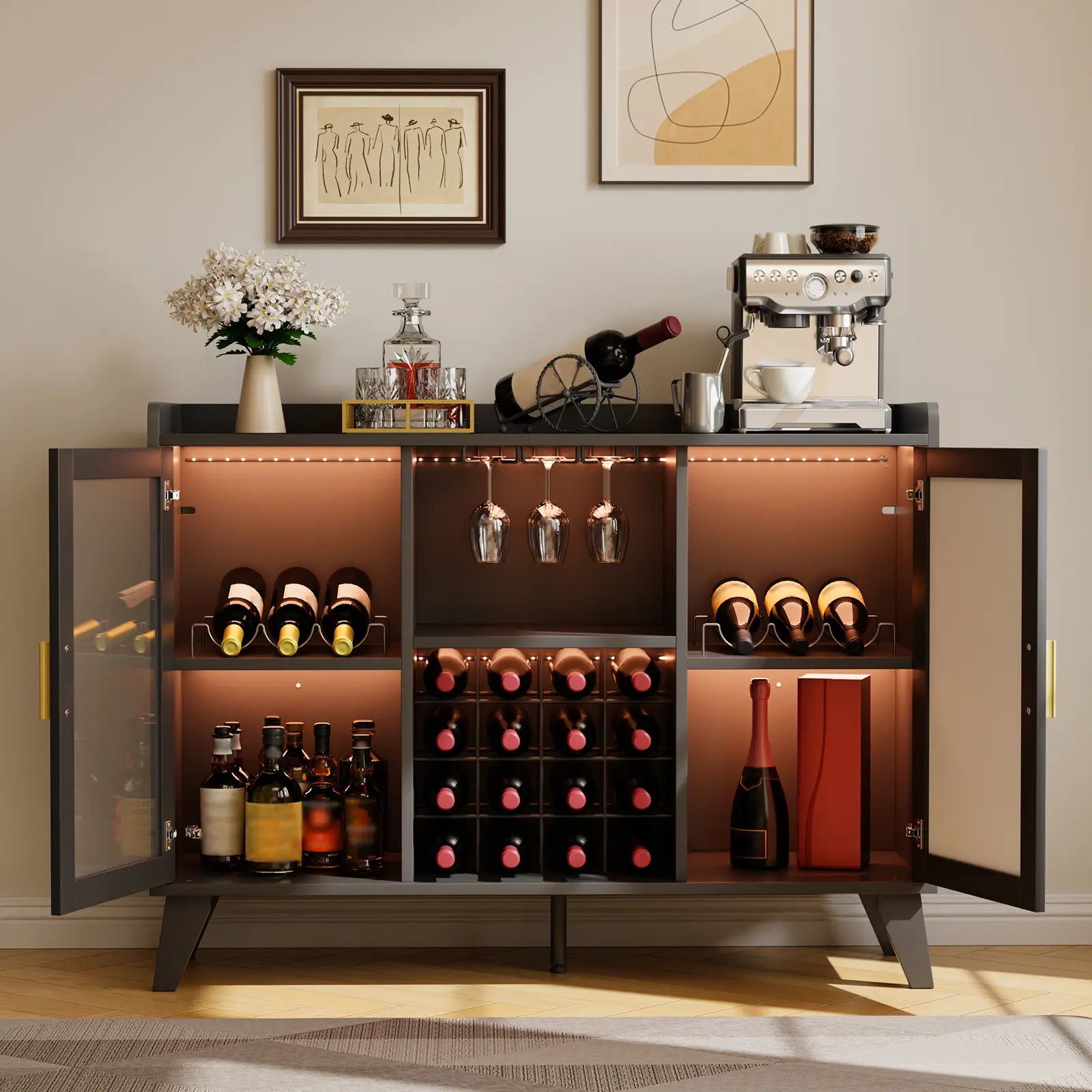 Garvee Farmhouse Wine Bar Cabinet with LED Light, 47 in Home Coffee Bar Sideboard - 16-Bottle Grid Wine Rack, Glass Holders, Acrylic Doors, Drawer & Storage Shelf - Black