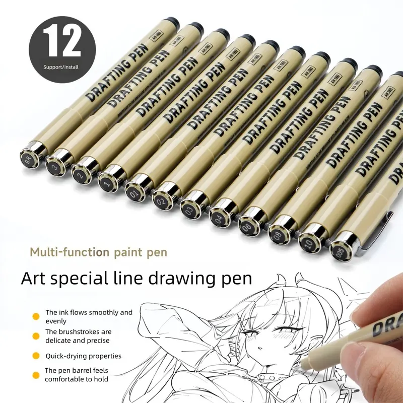 6/9/12 Packs Technical Drawing Pen Set Waterproof Quick Dry Black Ink Art Markers for Engineers Architects Sketching Manga Outlining and School Office Supplies