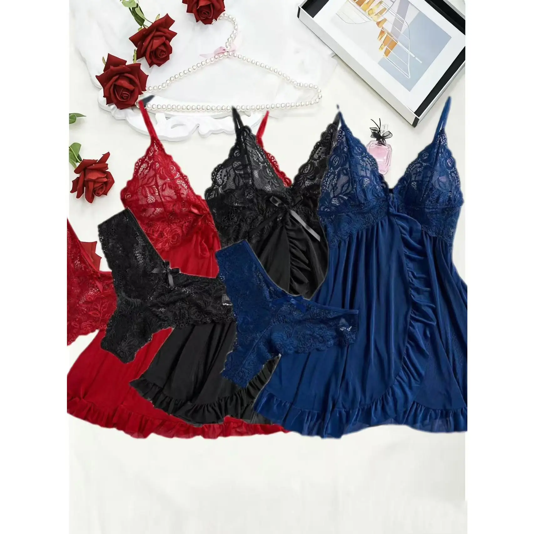 3pcs Lingerie Set For Women, Sexy Lingerie Red Blue Black Nightgown Made Of Net Fabric, Strap Nightgown, Suitable For Home, Hotel, Valentine'S Day, Sexy Nightgown, Sexy Lingerie