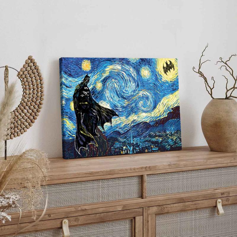 Van Gogh's Starry Sky Pattern Canvas Painting with Frame, Modern Art Bat Character Posters, Wall Art Decor for Home Living Room Bedroom Office, Halloween Van Gogh's Starry Sky Pattern Canvas Painting with Frame, Modern Art Bat Character Posters, Wall Art Decor for Home Living Room Bedroom Office, Halloween