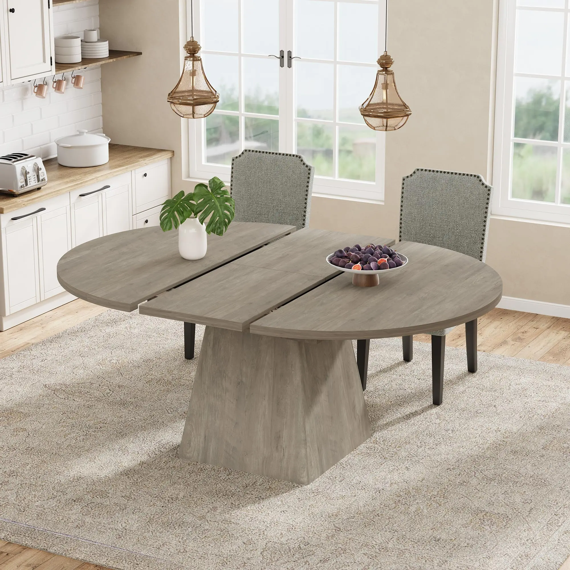 47"-63" Extendable Round Dining Table for 4-8, MDF Top, Pedestal Base, 350 lbs Capacity, No Wobbling, Modern Design