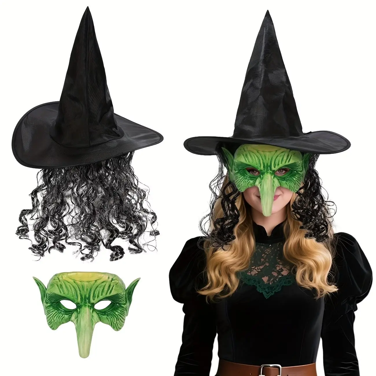 Halloween Witch Costume Set, Includes Mask, Hat, and Wig, Perfect for Halloween Parties and Theme Parades, Create Festive Atmosphere