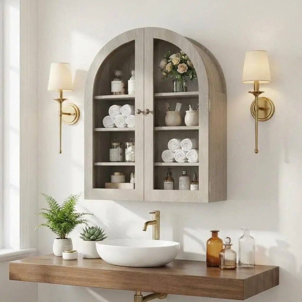 Modern Arched Wall Hanging Medicine Cabinet - Adjustable Shelf, Doors - Wood Hanging Storage Cabinet, Modern Apartment & Interior Storage Furniture - Space-Saving Bathroom Organizer