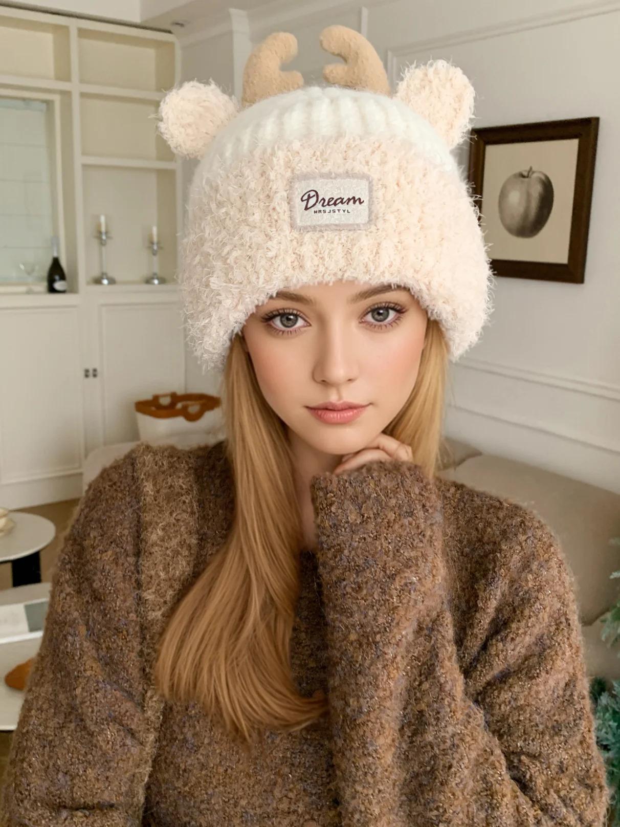 Hot Sale Women Cute Plush Fur Warm Winter Hat Young Trendy Knitted Hat With Deer Horn Ear Girls Lovely Elegant Fur Winter Cap