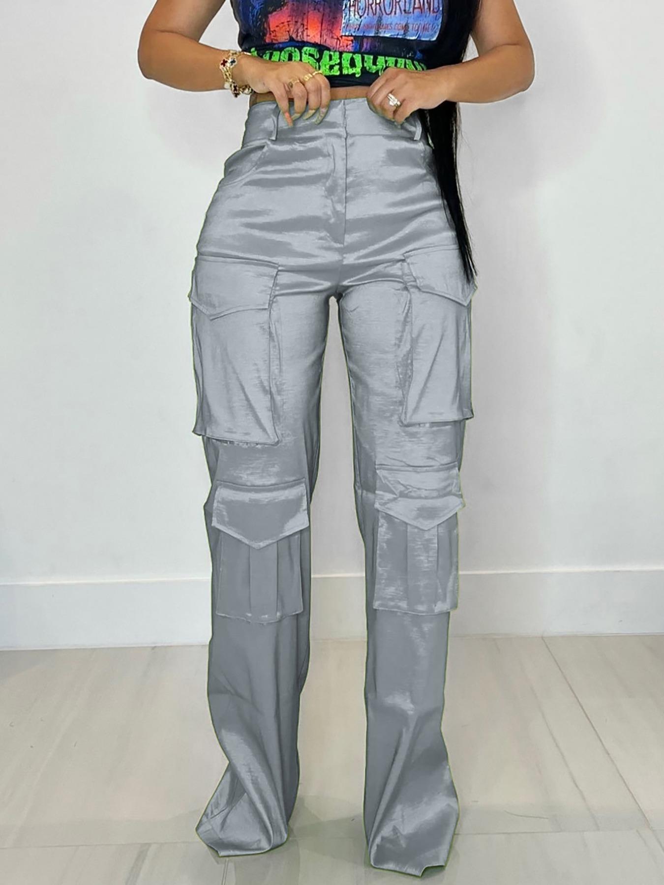Women's Solid Color Pocket Zipper Cargo Pants, Fashion Casual High Waist Straight Leg Trousers for Daily Outdoor Wear, Women's Bottoms for Spring & Fall