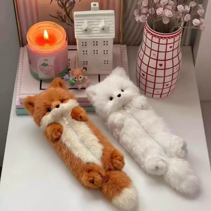 Kawaii Fluffy Fox Pencil Case, 3D Cartoon Animal Zipper Pen Bag with Large Capacity, Soft Plush Stationery Organizer for Students, Cute School Supplies Storage Pouch for Girls, College & Daily Use