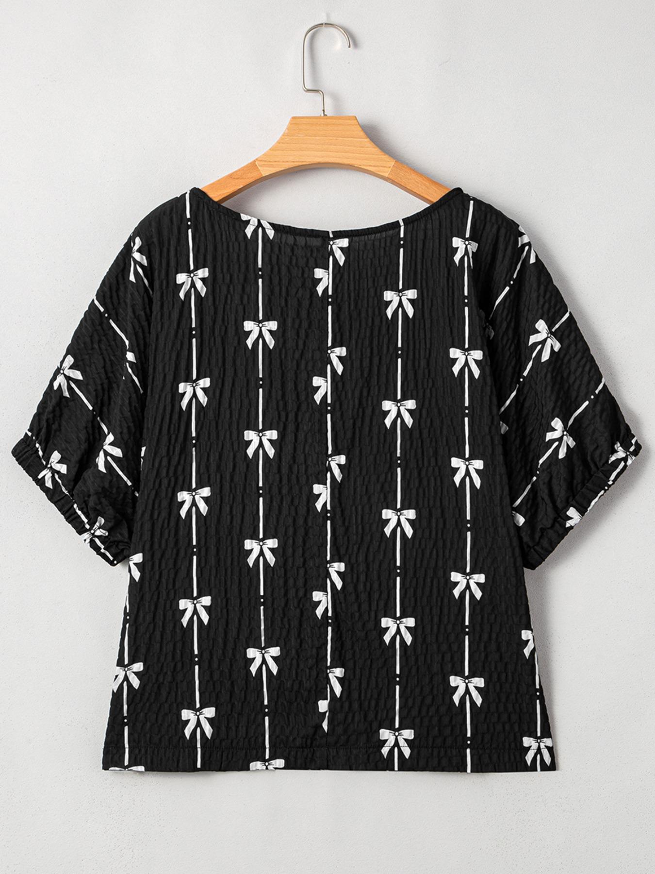 Women's Bow Print Tee, Casual Short Sleeve T-shirt for Daily Wear, Ladies Clothes for All Seasons