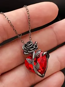 Unisex Street Style Heart Shaped Pendant Necklace, Trendy Rose Design Pendant Necklace, Fashionable Gothic Mystery Jewelry for Men & Women, Ideal Gifts, Charm Necklace, Love Heart Necklace
