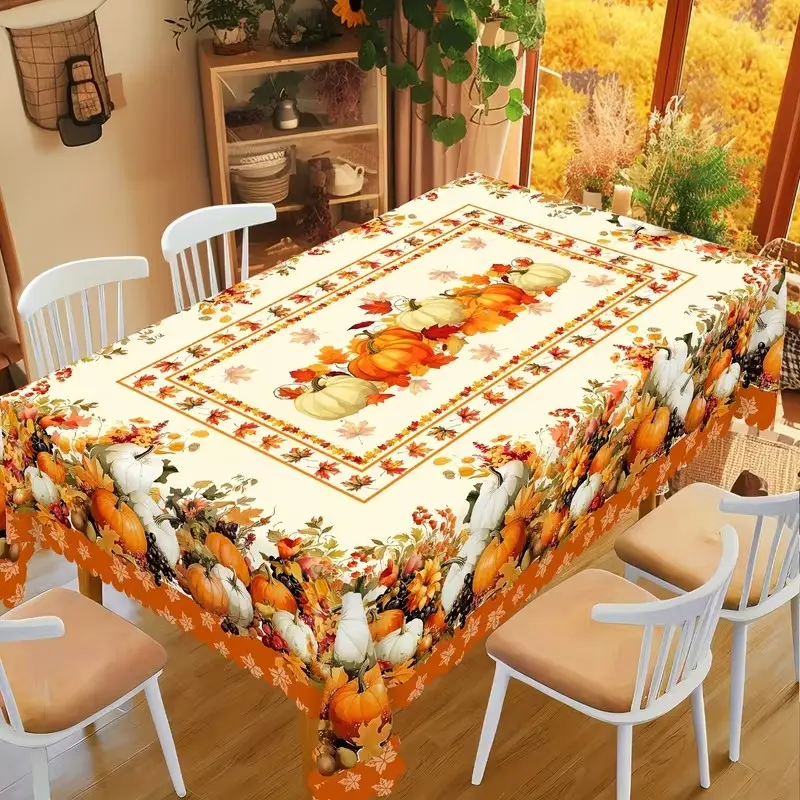 2D Flat Party Tablecloth, Autumn Harvest Theme, Pumpkin Maple Leaf Acorn Design, Thanksgiving Picnic Kitchen Decor