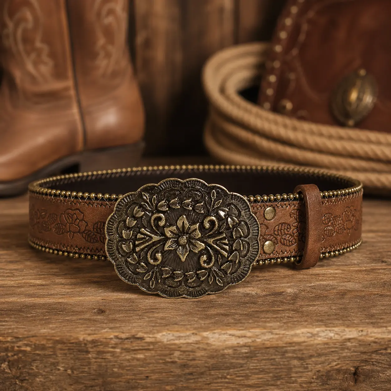 Unisex Vintage Western PU Alloy Flower Print Belt with Retro Look Buckle - Fashion Accessory for Jeans, Country-Style Outfits, Belts