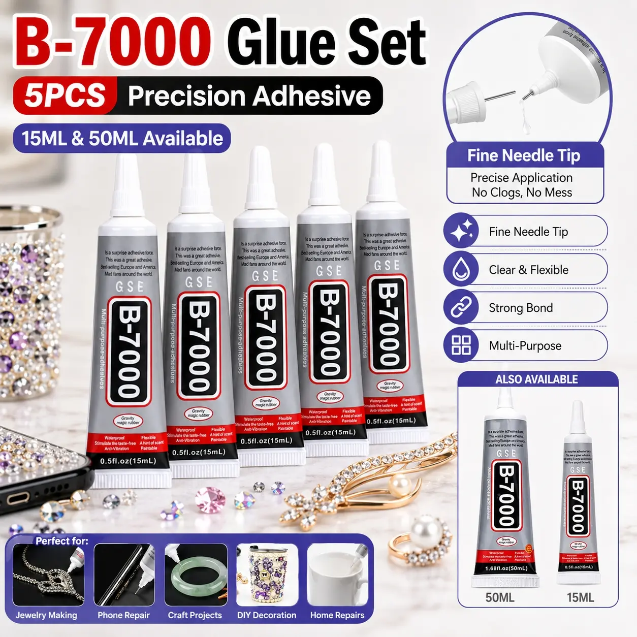B-7000 Glue Set 5PCS, 15ML/50ML Clear Rhinestone and Jewelry Adhesive with Fine Needle Tips, Controlled Application and Flexible Strong Bond, Multi-Purpose Craft Glue for Phone Cases, Screen Repair, Fabric, Shoes, Gems, Nail Art and DIY Projects