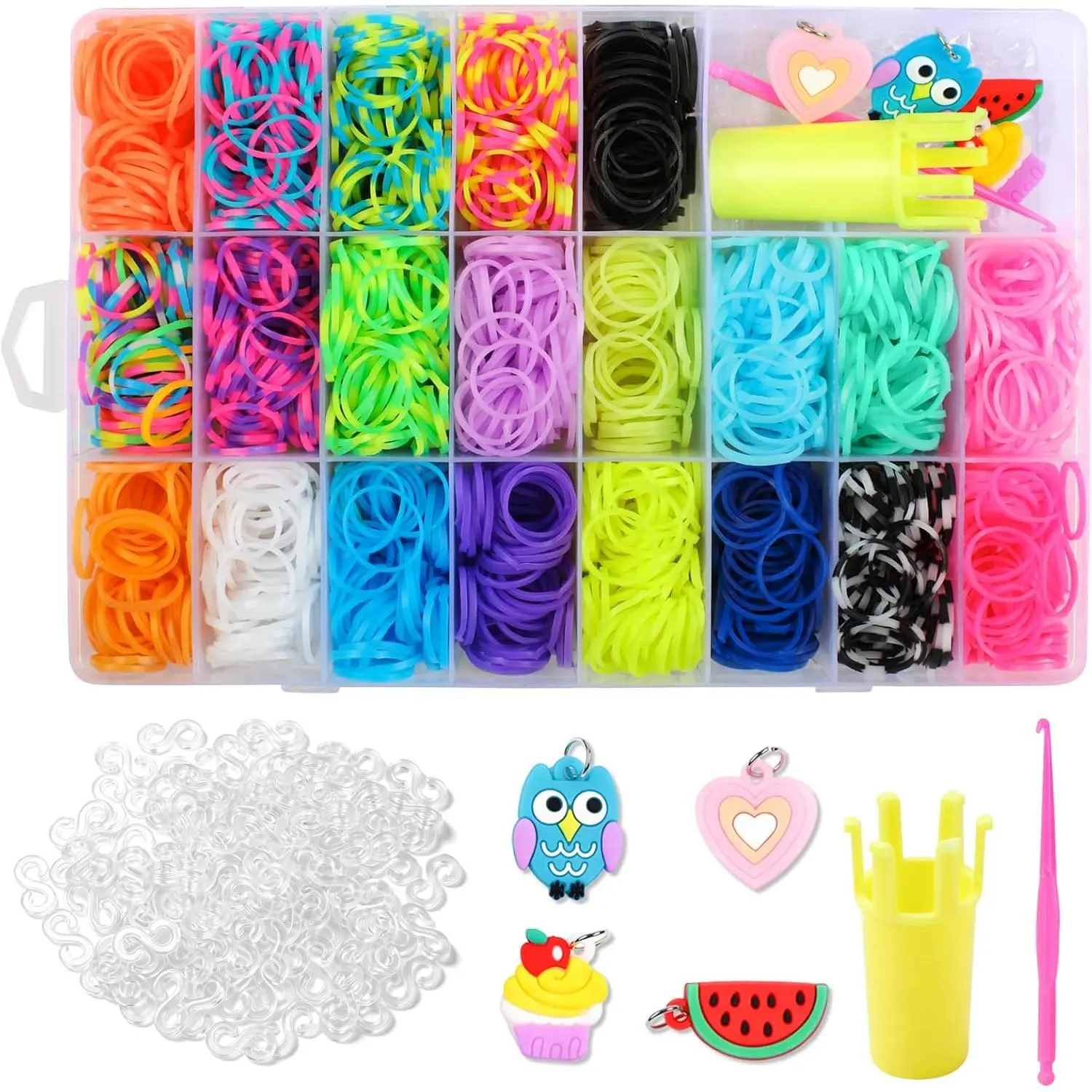 2000+ Rubber Band Bracelet Kit, Loom Bracelet Making Kit with 1 Crown Loom, 100 S-Hooks, 5 Pendants, 1 Small , 1 Instruction,  Rubber Bands for Weaving DIY Crafting