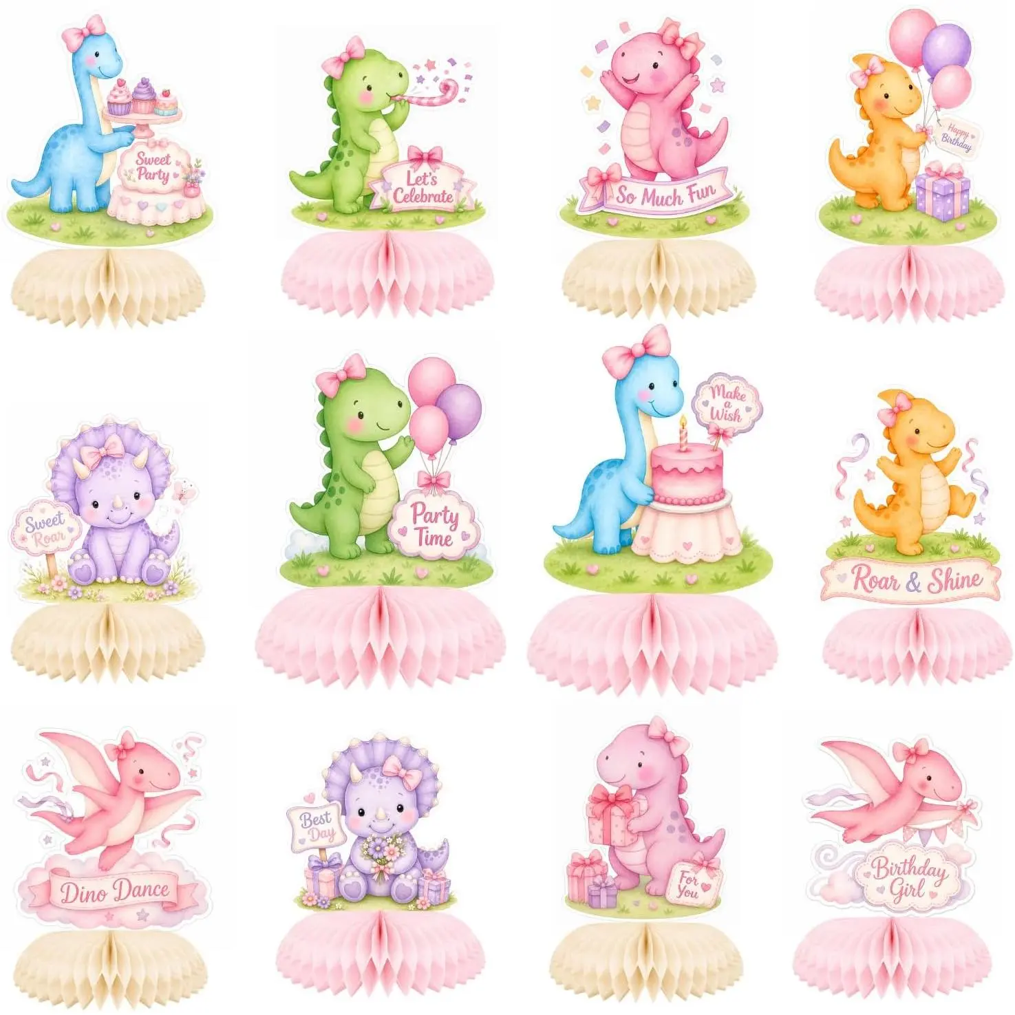 12 count  Dinosaur Birthday  Centerpieces for Girls | Double-sided  dinosaur  centerpieces for girls birthday tables, Three Rex party decor, dessert displays