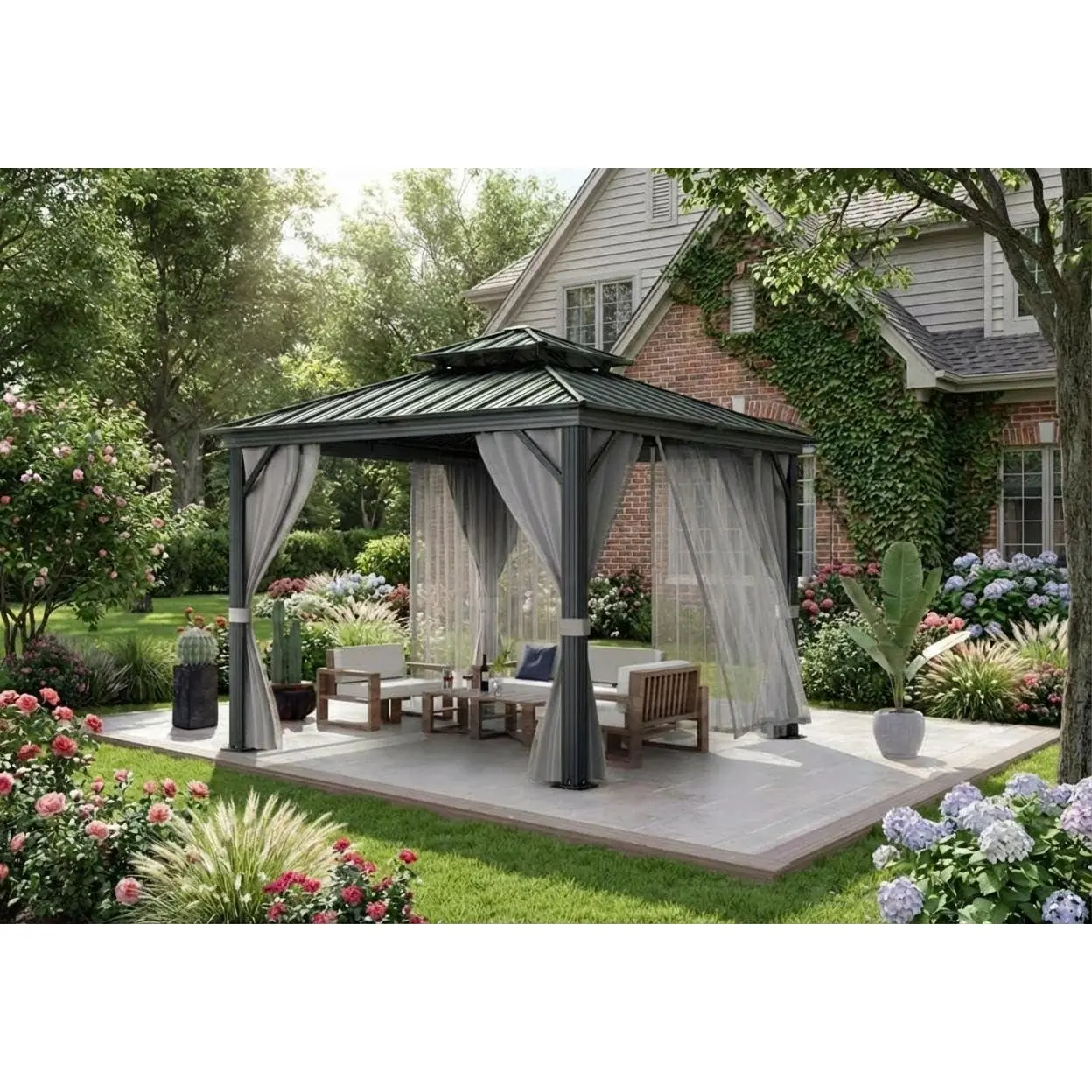 Garvee 10x10 ft Hardtop Gazebo with Double Steel Roof & Aluminum Frame, Curtains & Netting, All-Weather Outdoor Pavilion for Patio, Deck, Backyard, Lawn & Garden, Permanent Sun Shelter