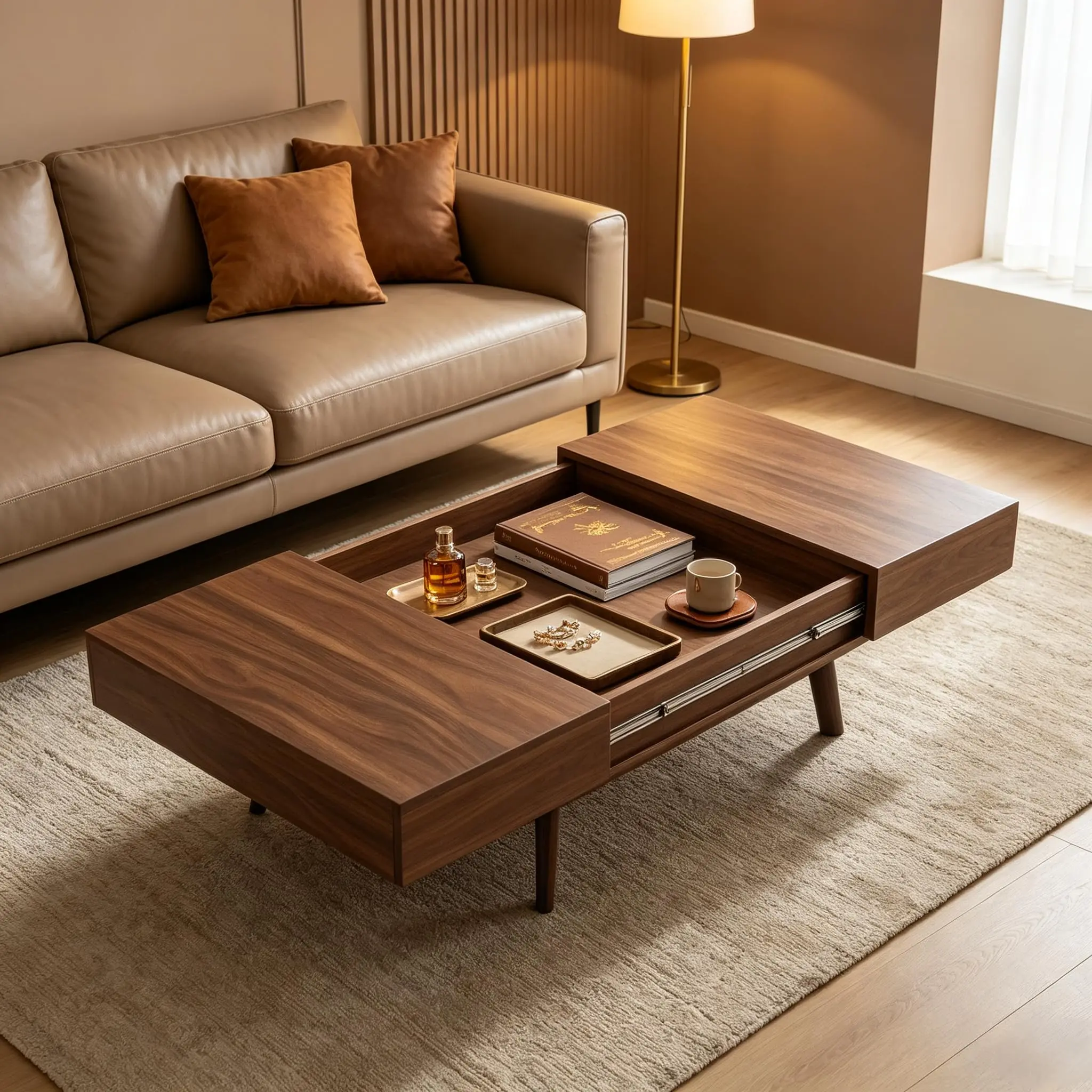 Mid Century Modern Rectangular Wooden Expandable Coffee Table - Farmhouse Home Decor Cocktail Table with Sliding Top, Hidden Storage Compartment, Adjustable Design for Small Living Rooms