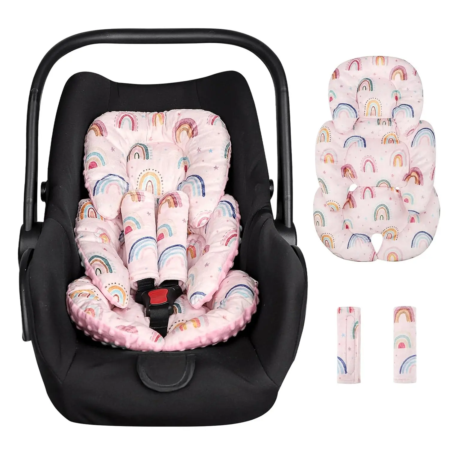 Soft Reversible Infant Car Seat Insert, Newborn Baby Car Seat Head Support Cushion for Girls and Boys, Comes with 2 Strap Covers, Suitable for Stroller, Swing, Bouncer, Pink Rainbow