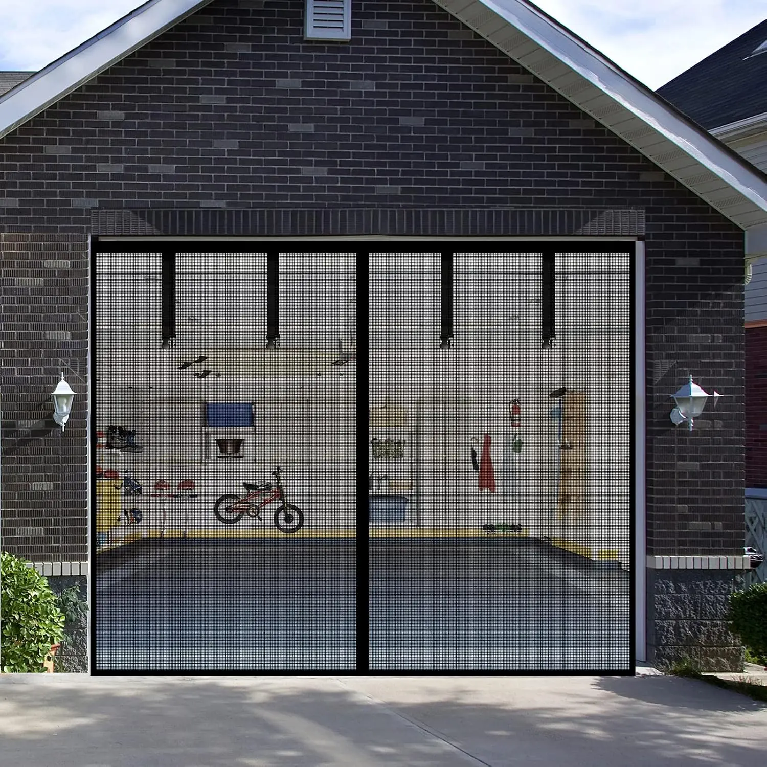 Fiberglass Garage Door Screen,  9x7Ft  Heavy Duty Garage Door Curtain with 4 Strapping Tapes - Durable Breathable Mesh Patio Porch  Curtain